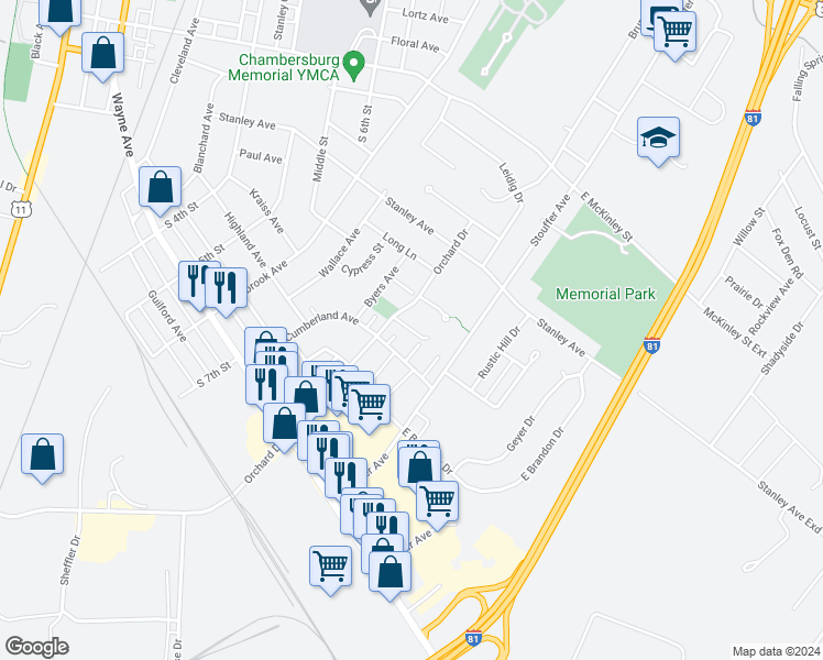 map of restaurants, bars, coffee shops, grocery stores, and more near 101 Macintosh Way in Chambersburg