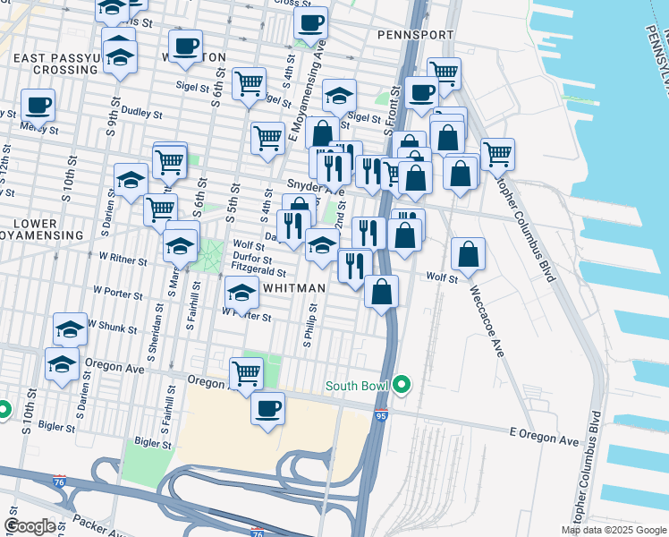 map of restaurants, bars, coffee shops, grocery stores, and more near 153 Durfor Street in Philadelphia