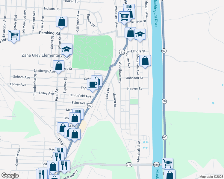 map of restaurants, bars, coffee shops, grocery stores, and more near 1215 Lake Drive in Zanesville