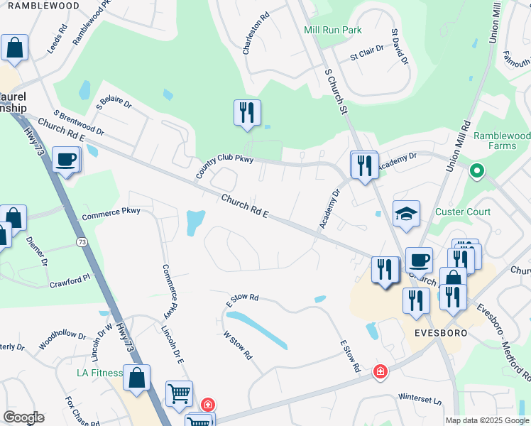 map of restaurants, bars, coffee shops, grocery stores, and more near 4431 Church Road in Mount Laurel Township