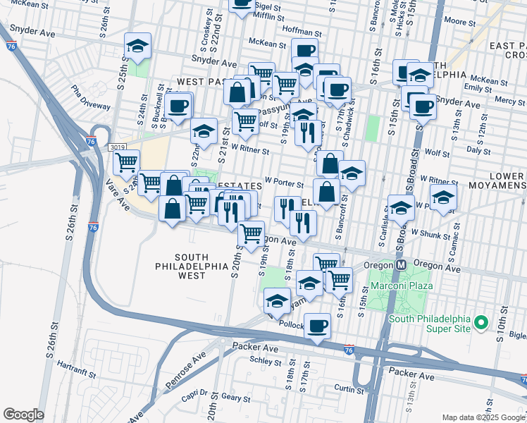 map of restaurants, bars, coffee shops, grocery stores, and more near 1910 West Shunk Street in Philadelphia