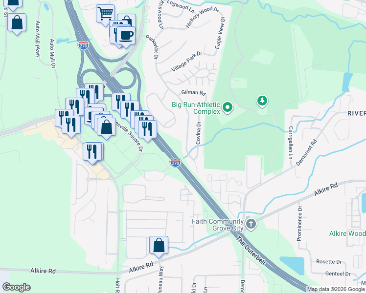 map of restaurants, bars, coffee shops, grocery stores, and more near 4547 Parkwick Drive in Columbus