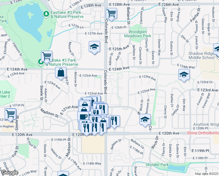map of restaurants, bars, coffee shops, grocery stores, and more near 12282 Colorado Boulevard in Thornton