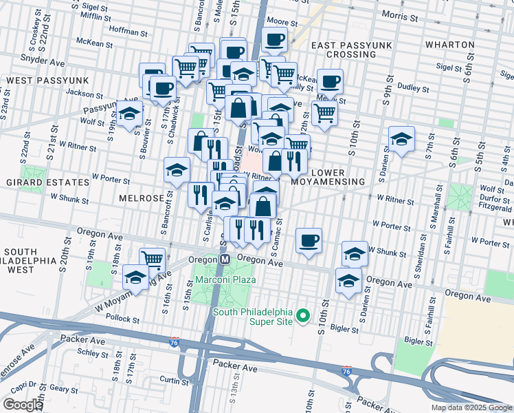 map of restaurants, bars, coffee shops, grocery stores, and more near 1315 West Porter Street in Philadelphia