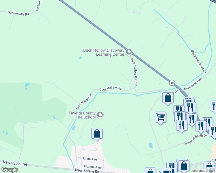 map of restaurants, bars, coffee shops, grocery stores, and more near 284 Duck Hollow Road in Uniontown