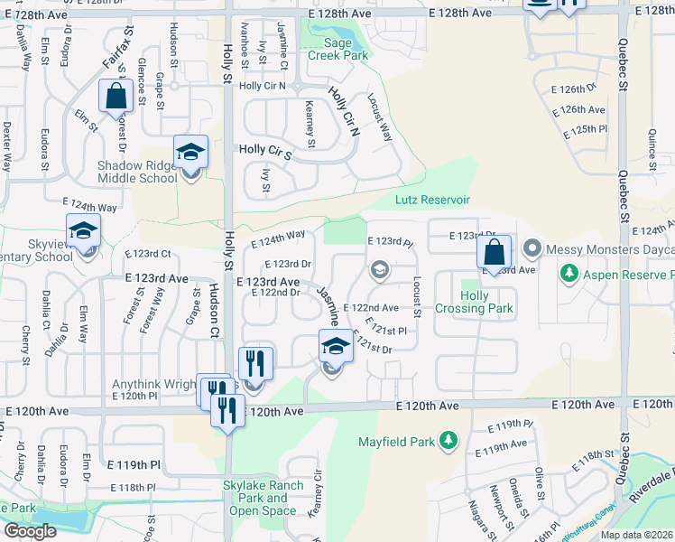 map of restaurants, bars, coffee shops, grocery stores, and more near 6150 East 123rd Way in Brighton