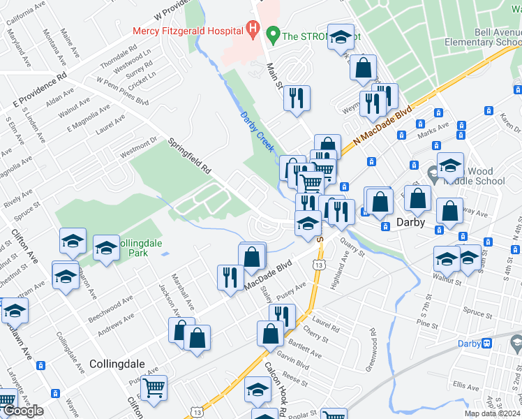 map of restaurants, bars, coffee shops, grocery stores, and more near 2 Southridge Road in Darby