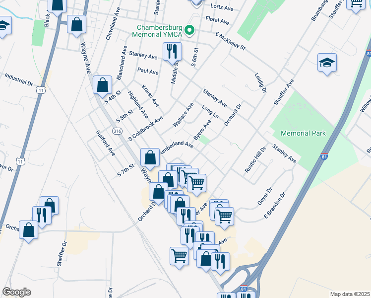 map of restaurants, bars, coffee shops, grocery stores, and more near 750 Cumberland Avenue in Chambersburg