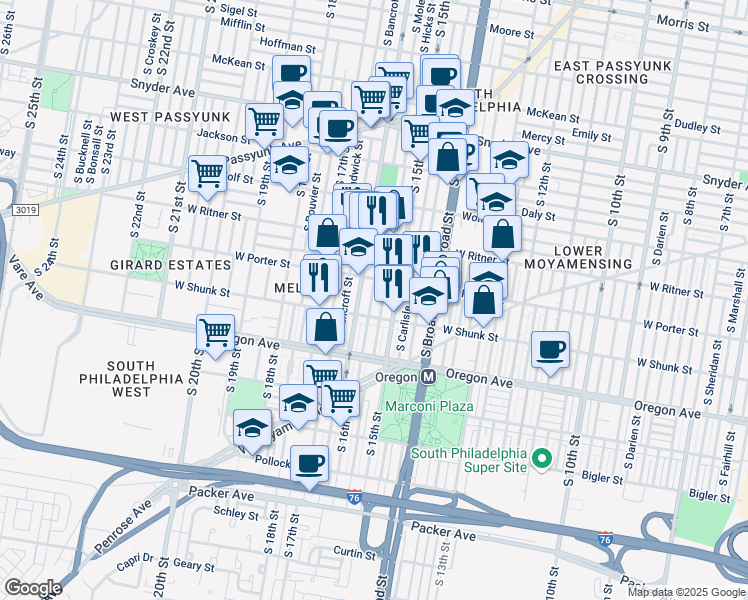 map of restaurants, bars, coffee shops, grocery stores, and more near 2529 South Mole Street in Philadelphia