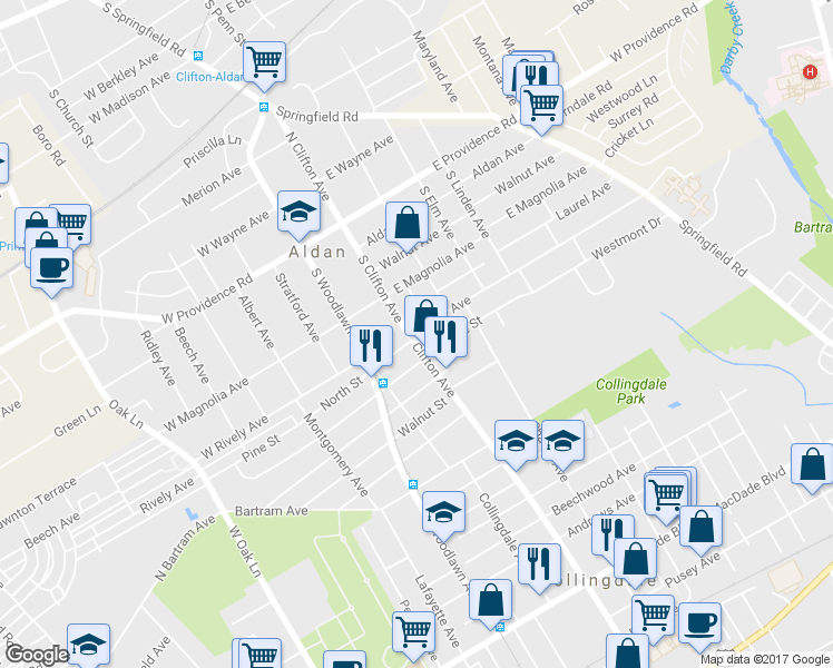 map of restaurants, bars, coffee shops, grocery stores, and more near 1119 Clifton Avenue in Darby