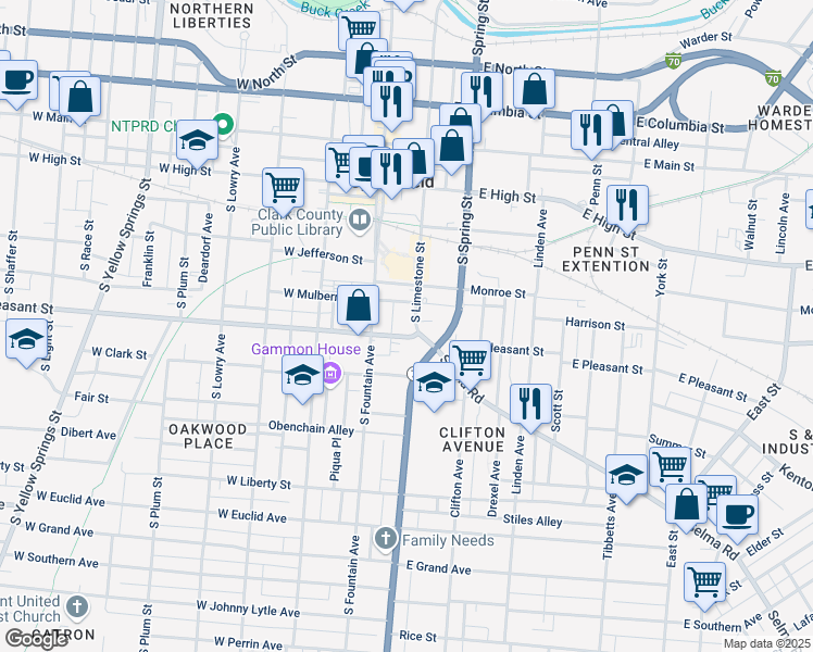 map of restaurants, bars, coffee shops, grocery stores, and more near 29 E Mulberry St in Springfield