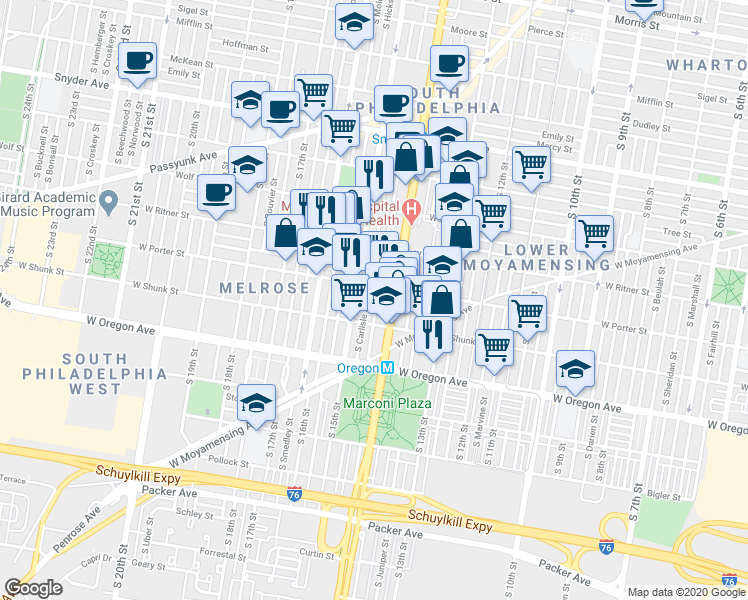map of restaurants, bars, coffee shops, grocery stores, and more near 2516 South Rosewood Street in Philadelphia