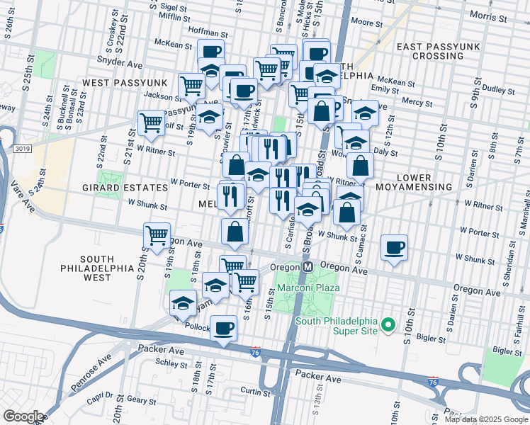 map of restaurants, bars, coffee shops, grocery stores, and more near 2530 South Mole Street in Philadelphia