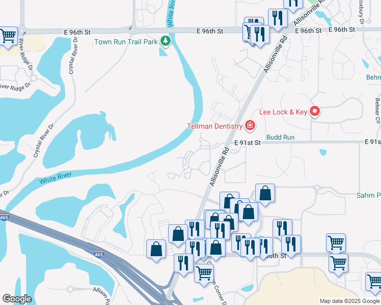 map of restaurants, bars, coffee shops, grocery stores, and more near 9075 Autumn Woods Drive in Indianapolis