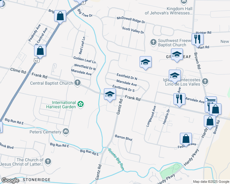 map of restaurants, bars, coffee shops, grocery stores, and more near 1754 Frank Road in Columbus