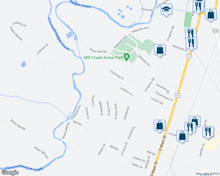 map of restaurants, bars, coffee shops, grocery stores, and more near 396 Martina Drive in Chambersburg