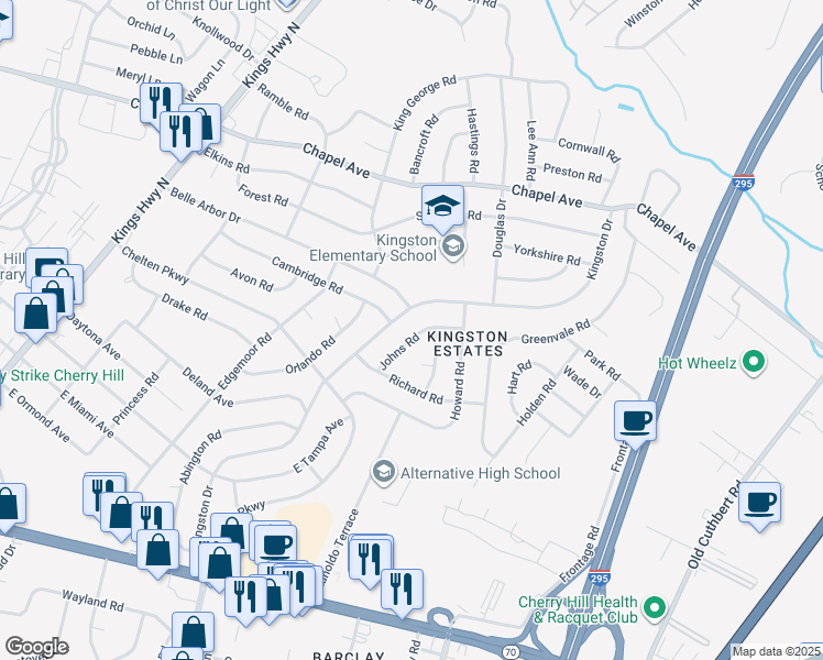 map of restaurants, bars, coffee shops, grocery stores, and more near 319 Cambridge Road in Cherry Hill