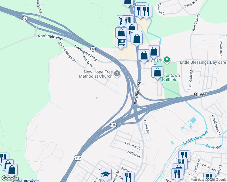 map of restaurants, bars, coffee shops, grocery stores, and more near 240 Old Pittsburgh Road in Uniontown