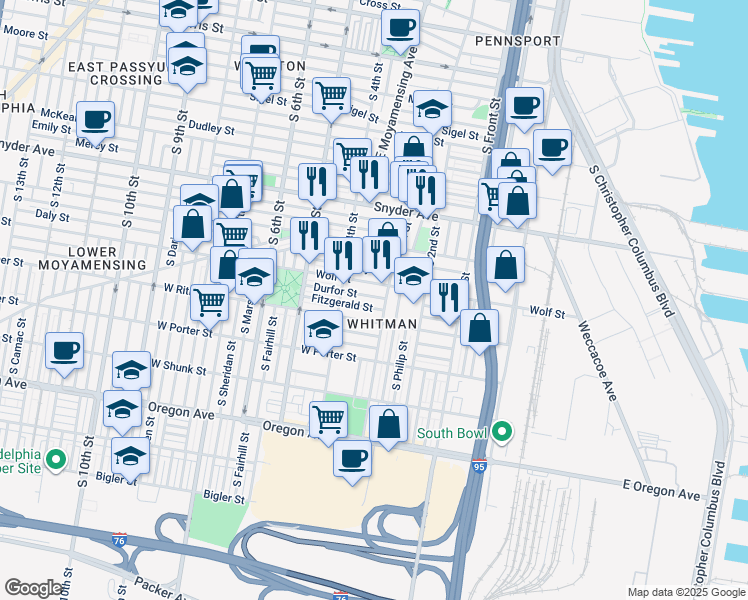 map of restaurants, bars, coffee shops, grocery stores, and more near 314 Durfor Street in Philadelphia