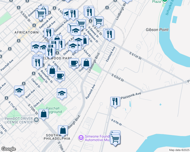 map of restaurants, bars, coffee shops, grocery stores, and more near 2838 South 64th Street in Philadelphia
