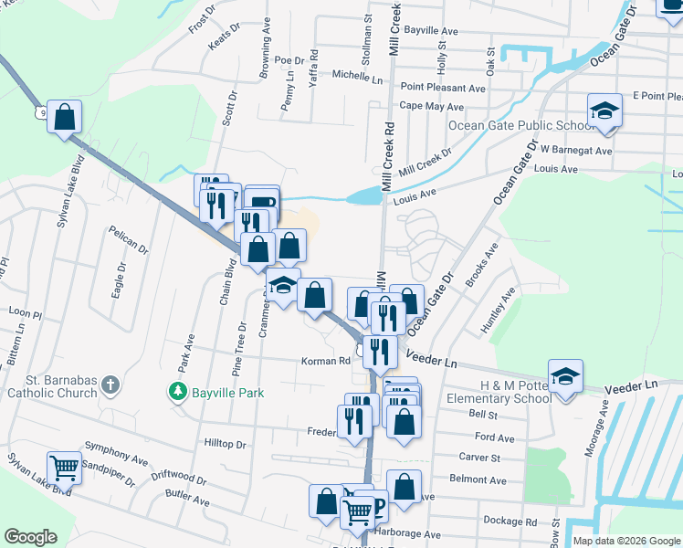 map of restaurants, bars, coffee shops, grocery stores, and more near 208 Mill Creek Road in Ocean County