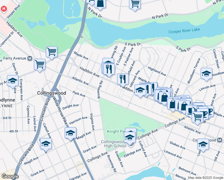 map of restaurants, bars, coffee shops, grocery stores, and more near 352 Haddon Avenue in Collingswood