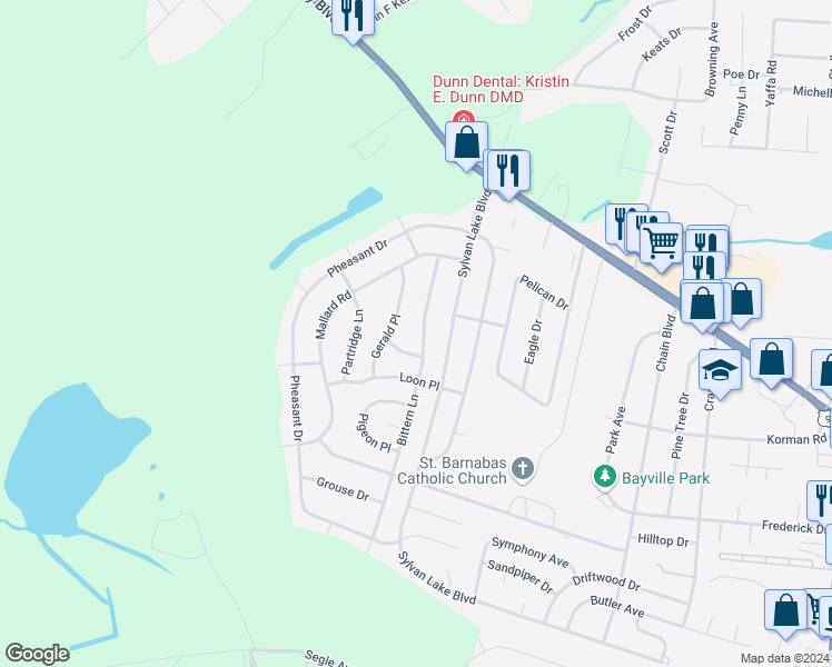 map of restaurants, bars, coffee shops, grocery stores, and more near 38 Bittern Lane in Berkeley Township
