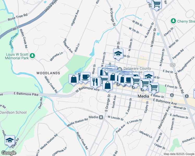 map of restaurants, bars, coffee shops, grocery stores, and more near 407-409 West State Street in Media