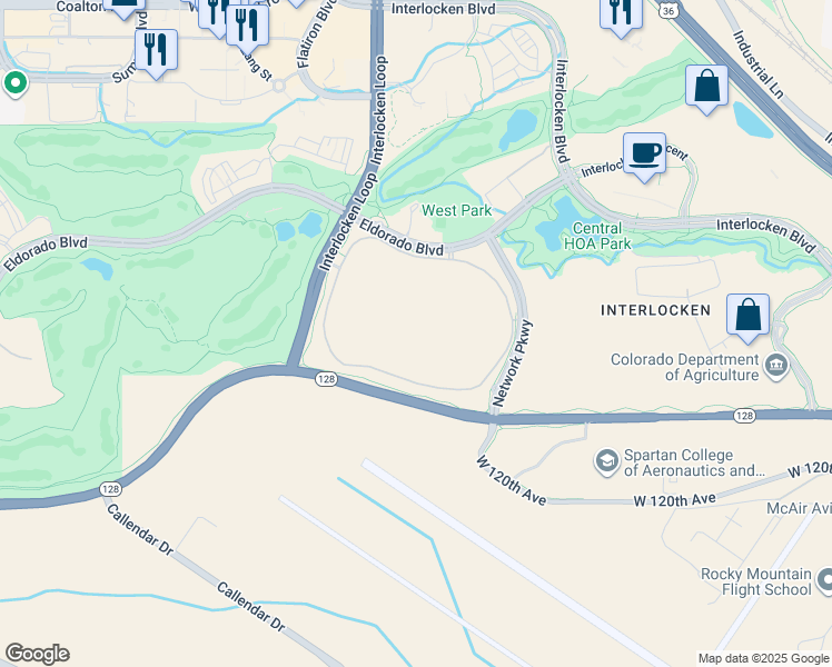map of restaurants, bars, coffee shops, grocery stores, and more near 500 Eldorado Boulevard in Broomfield