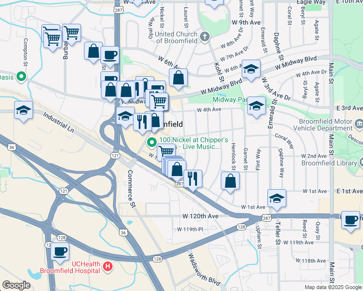 map of restaurants, bars, coffee shops, grocery stores, and more near 290 Marble Street in Broomfield
