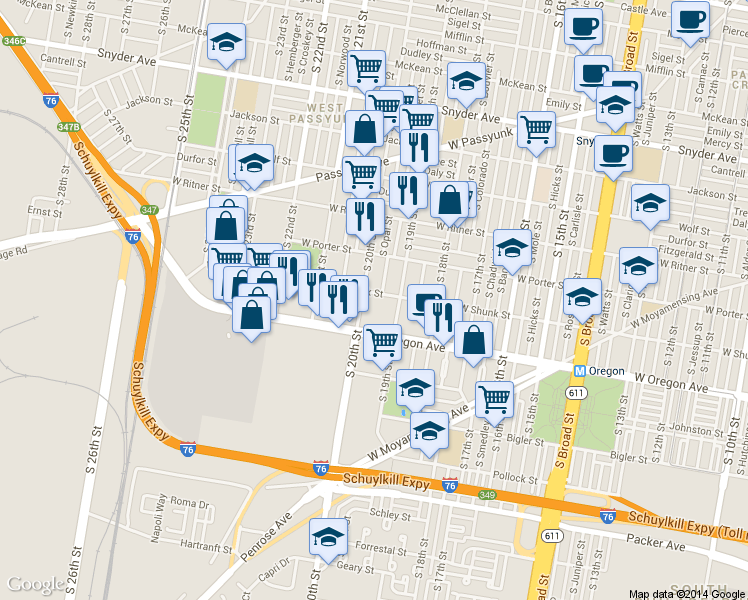 map of restaurants, bars, coffee shops, grocery stores, and more near 1924 West Shunk Street in Philadelphia