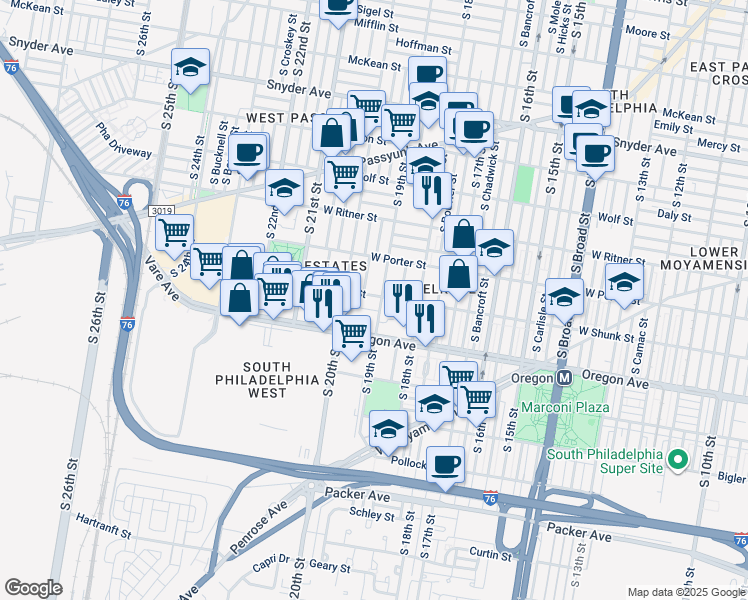 map of restaurants, bars, coffee shops, grocery stores, and more near 1910 West Shunk Street in Philadelphia