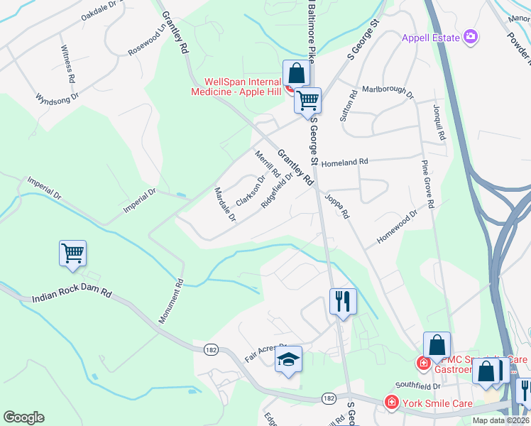 map of restaurants, bars, coffee shops, grocery stores, and more near 121 Ridgefield Drive in York