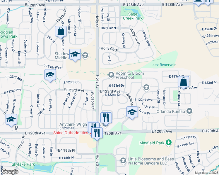 map of restaurants, bars, coffee shops, grocery stores, and more near 5662 East 123rd Drive in Brighton