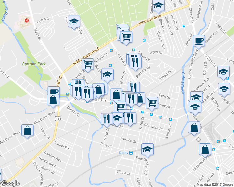 map of restaurants, bars, coffee shops, grocery stores, and more near 632 Greenway Avenue in Darby