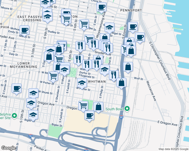map of restaurants, bars, coffee shops, grocery stores, and more near 314 Durfor Street in Philadelphia