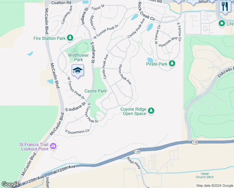 map of restaurants, bars, coffee shops, grocery stores, and more near 3642 Castle Peak Avenue in Superior