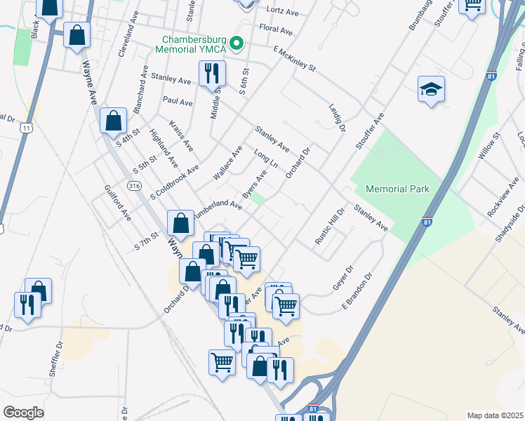 map of restaurants, bars, coffee shops, grocery stores, and more near 1002 Orchard Drive in Chambersburg