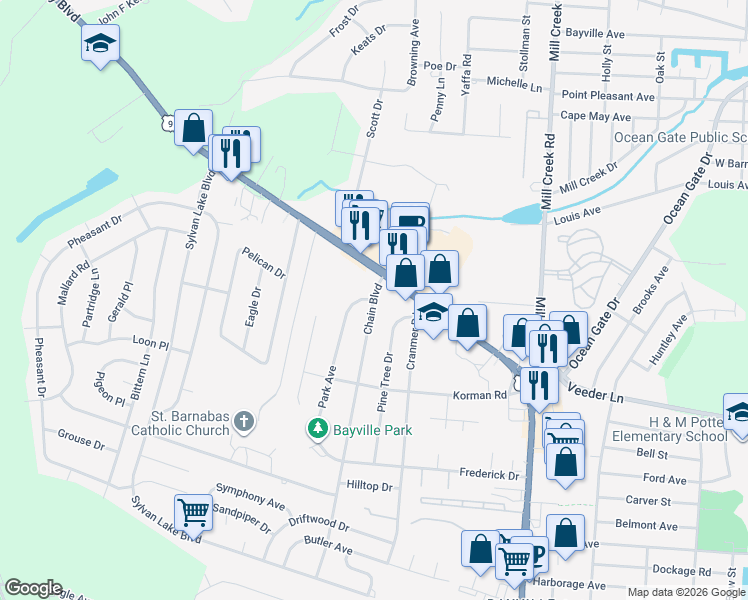 map of restaurants, bars, coffee shops, grocery stores, and more near Chain Boulevard & Park Avenue in Berkeley Township