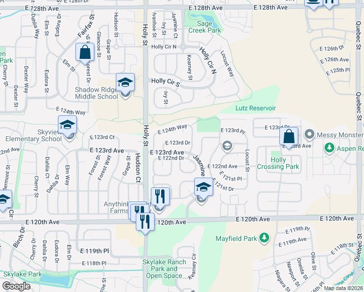map of restaurants, bars, coffee shops, grocery stores, and more near 5813 East 123rd Drive in Brighton