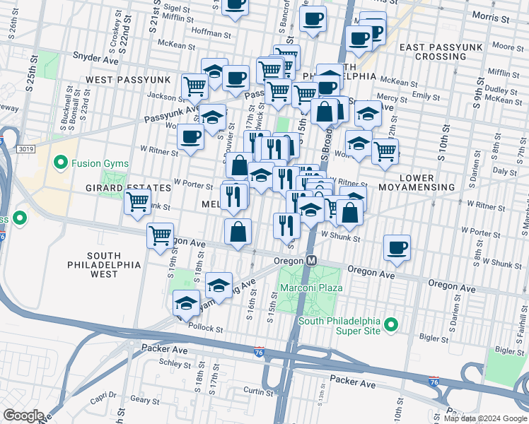 map of restaurants, bars, coffee shops, grocery stores, and more near in Philadelphia