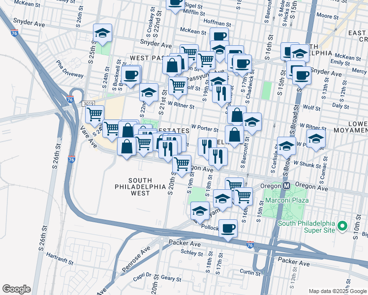 map of restaurants, bars, coffee shops, grocery stores, and more near 1924 West Shunk Street in Philadelphia