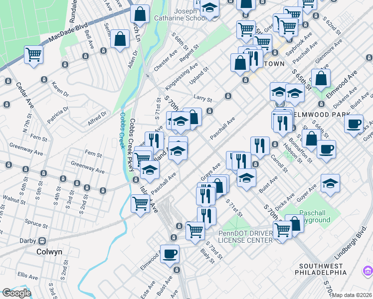 map of restaurants, bars, coffee shops, grocery stores, and more near 7030 Saybrook Avenue in Philadelphia