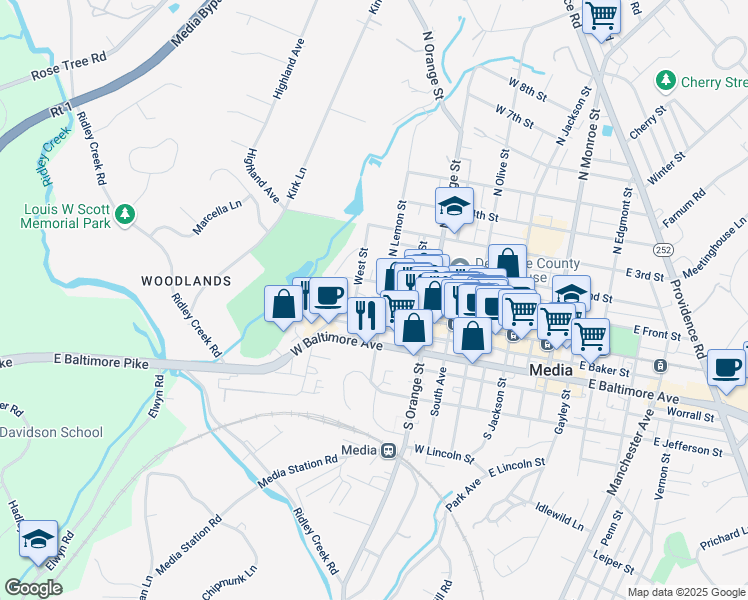 map of restaurants, bars, coffee shops, grocery stores, and more near 5 West Street in Media