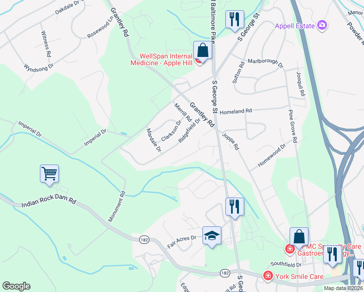 map of restaurants, bars, coffee shops, grocery stores, and more near 121 Ridgefield Drive in York