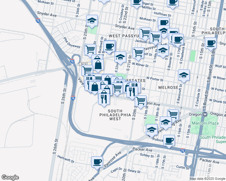 map of restaurants, bars, coffee shops, grocery stores, and more near 2630 South 22nd Street in Philadelphia