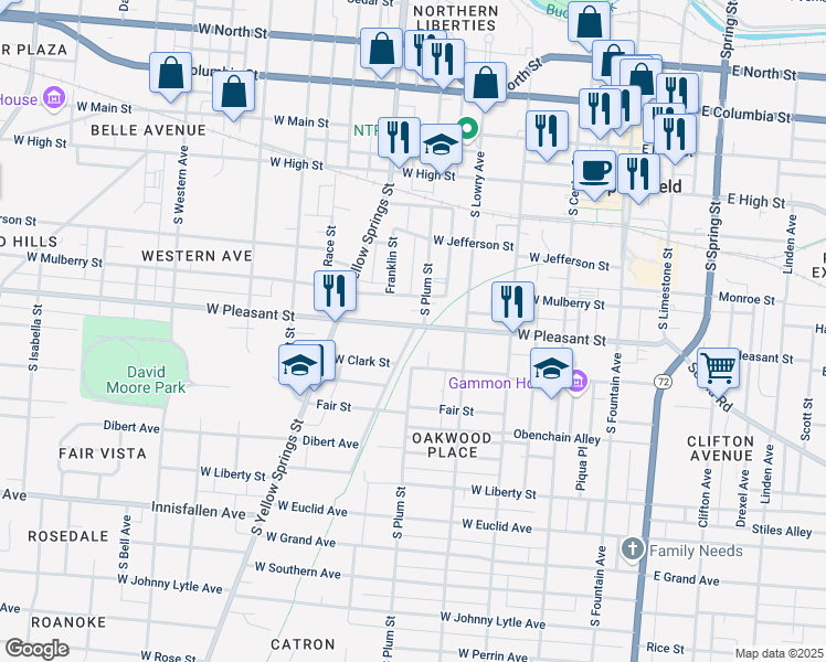 map of restaurants, bars, coffee shops, grocery stores, and more near 508 Miami Street in Springfield