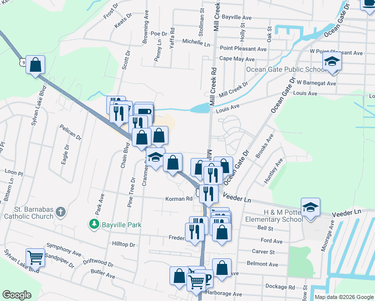 map of restaurants, bars, coffee shops, grocery stores, and more near 208 Mill Creek Road in Ocean County