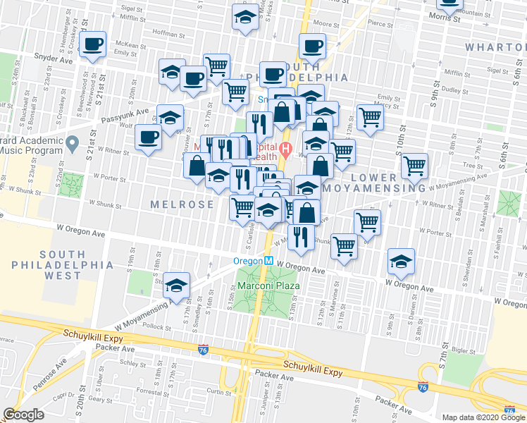 map of restaurants, bars, coffee shops, grocery stores, and more near 2513 South Rosewood Street in Philadelphia