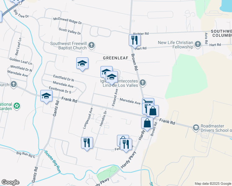 map of restaurants, bars, coffee shops, grocery stores, and more near 1825 Finland Avenue in Columbus